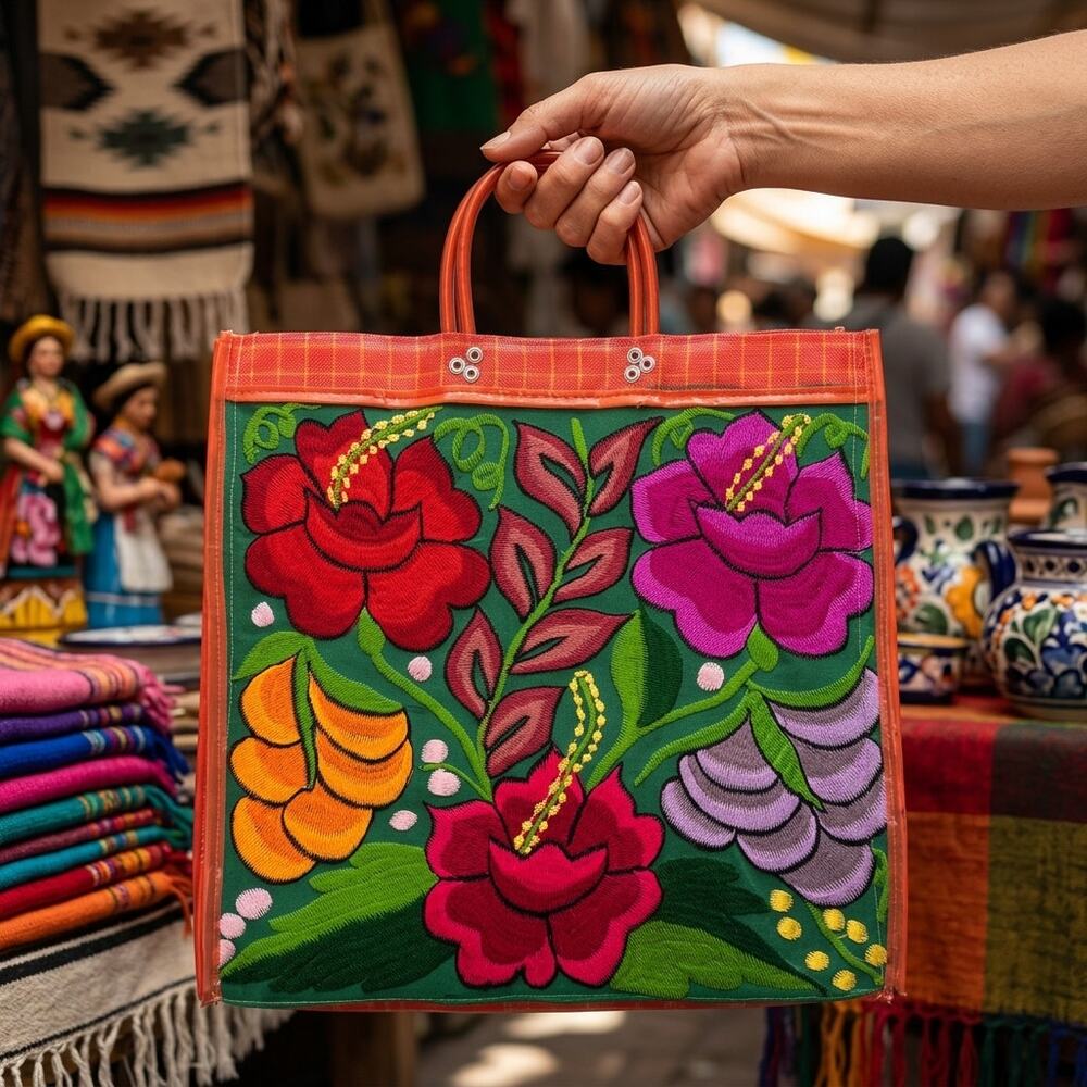 Embroidered Mexican Mercado Tote Bag – Plastic Woven Market Style 16LX 15W in